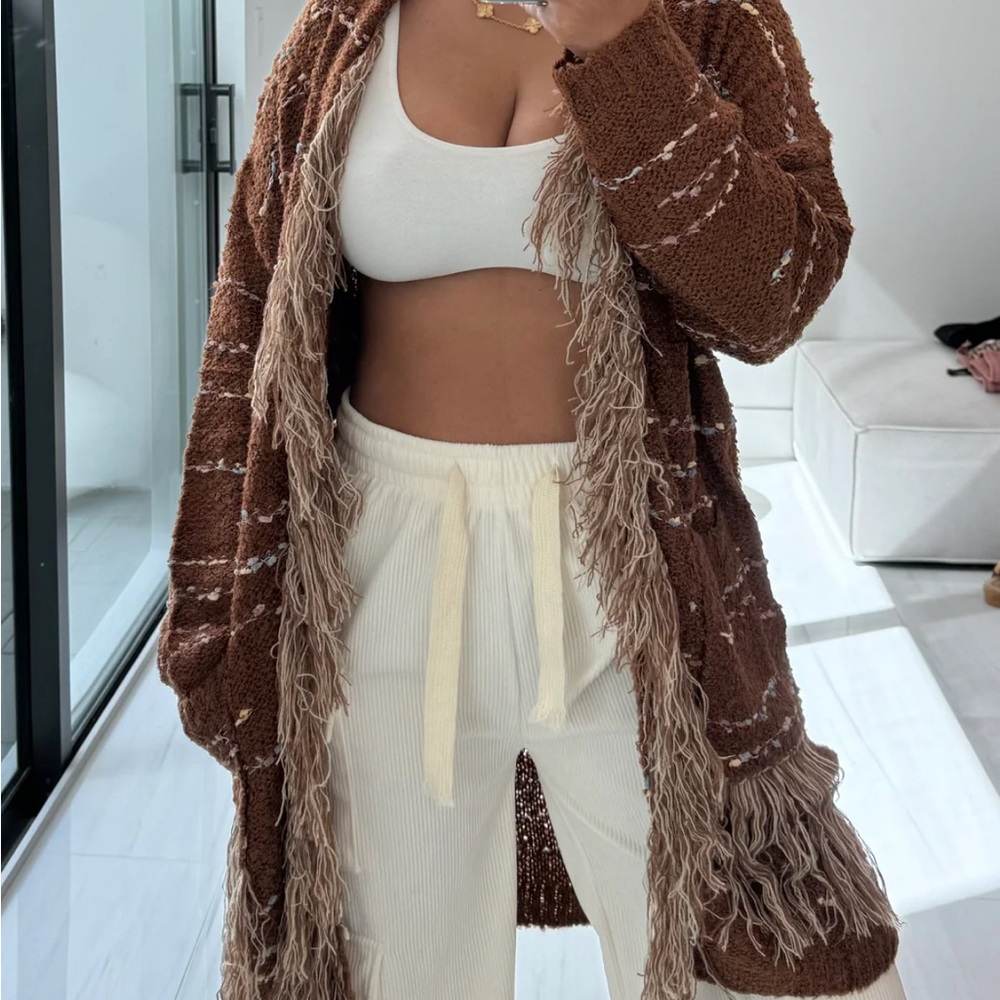 Brown Fringe Knit Cardigan